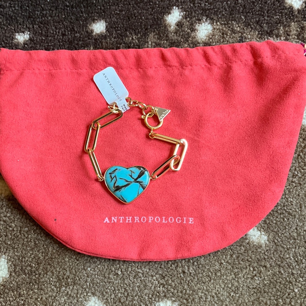 Anthropologie Gold Link Bracelet with Turquoise Heart Charm